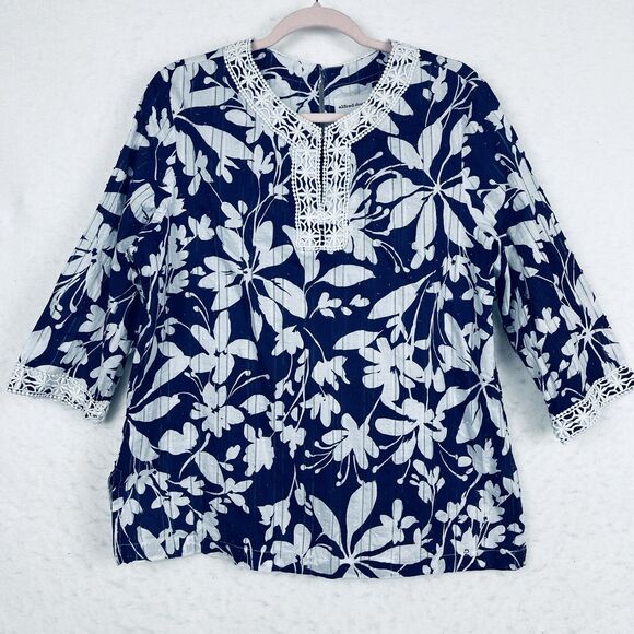 Alfred Dunmer Tunic Top Women’s SZ 14P Blue White Embroidered Collar Boho Chic - Picture 1 of 9